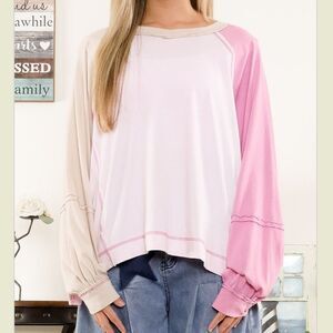 Bluevelvet top Blue Velvet Relaxed Colorblock Long-Sleeve Tee - Pink & Cream XL